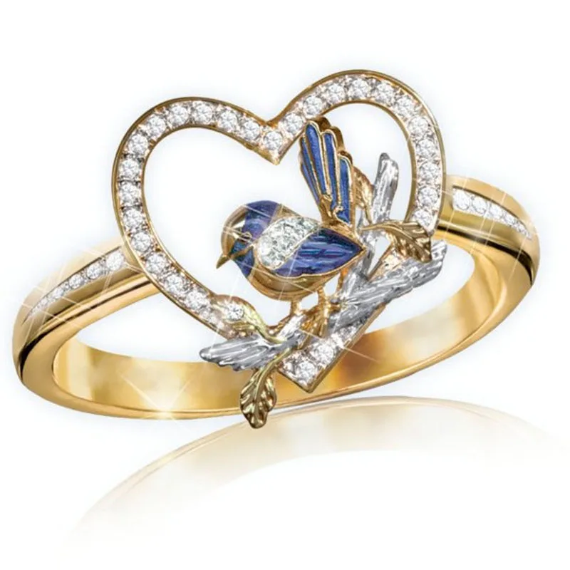 

2019 Creative Enamel Bird Sparrow Rings for Women Unique Gold Color Heart Shape Inlay Zirconia Rings Anniversary Jewelry Gifts