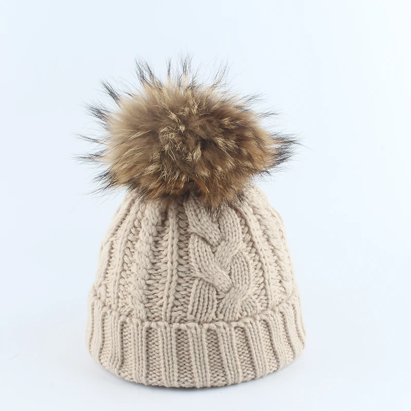 Зимняя женская шапка, натуральные шапки с меховым помпоном, вязаные теплые шапки для мамы и детей, толстые шапки