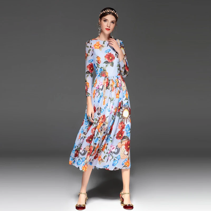 D'été Flare Mi Impression Robe Fit Partie mollet Fille Fleur Printemps Femmes Et 2018 Élégant Floral Bohème Poignet Multi 1gxBnn