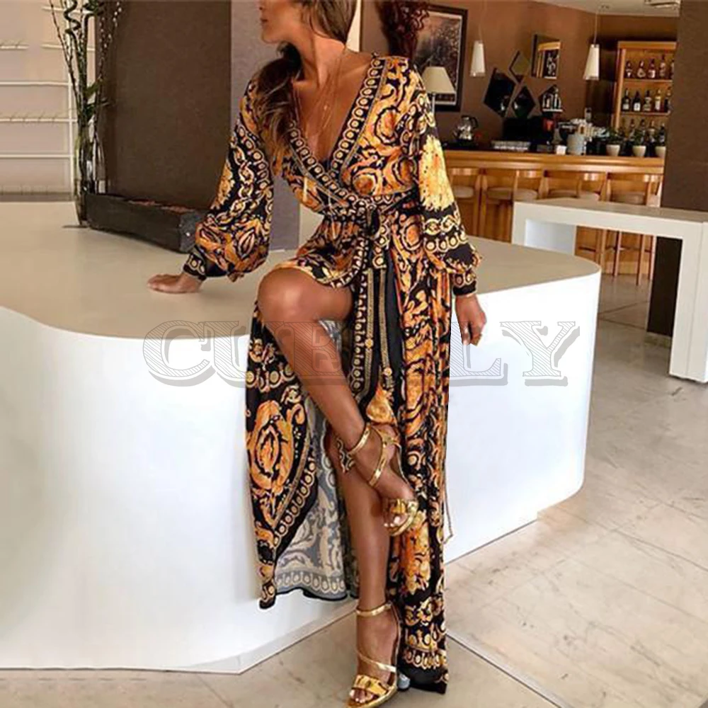 Image CUERLY 2019 New Style Print Women Dress Sexy Boat Neck Glitter Fashion Deep V Neck Women Dress Formal Long Dress Sexy Clubwear