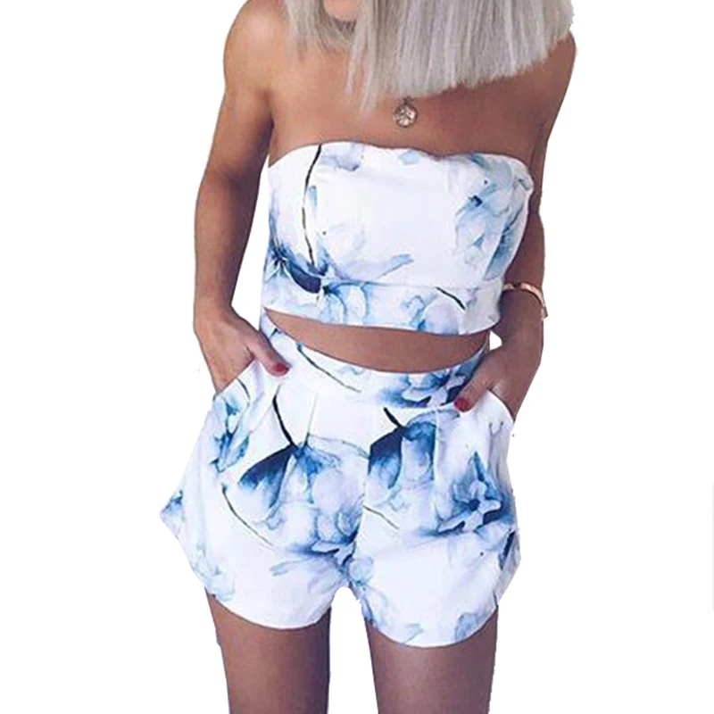 

Summer Beach Women's Sets Kawaii Girl Two Pieces Sets Female Strapless Boho Sweet Floral Printed Crop Top + Shorts GV705