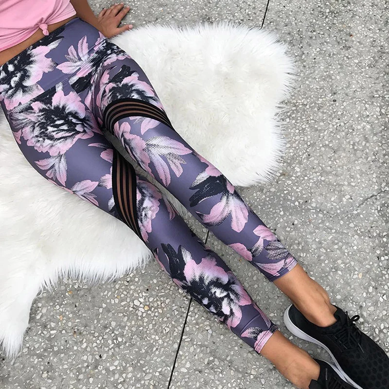 

2018 Hot Floral Printed Yoga Pants Sexy Women Striped Sport Leggings Push Up Fitness Gym Clothes Black Running Tights Trousers