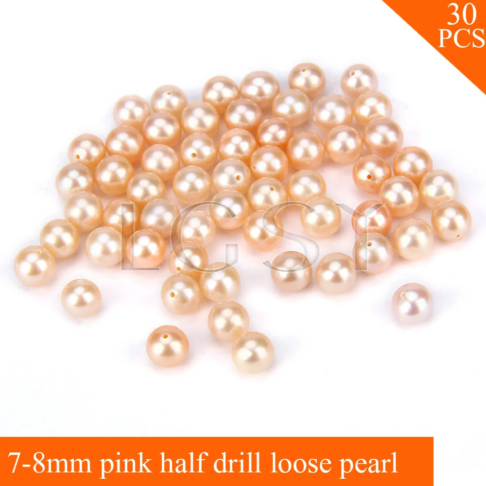 

FREE SHIPPING, Beautiful 7-8mm AAA Pink saltwater half drill round akoya pearls 30pcs for fitting Jewelries