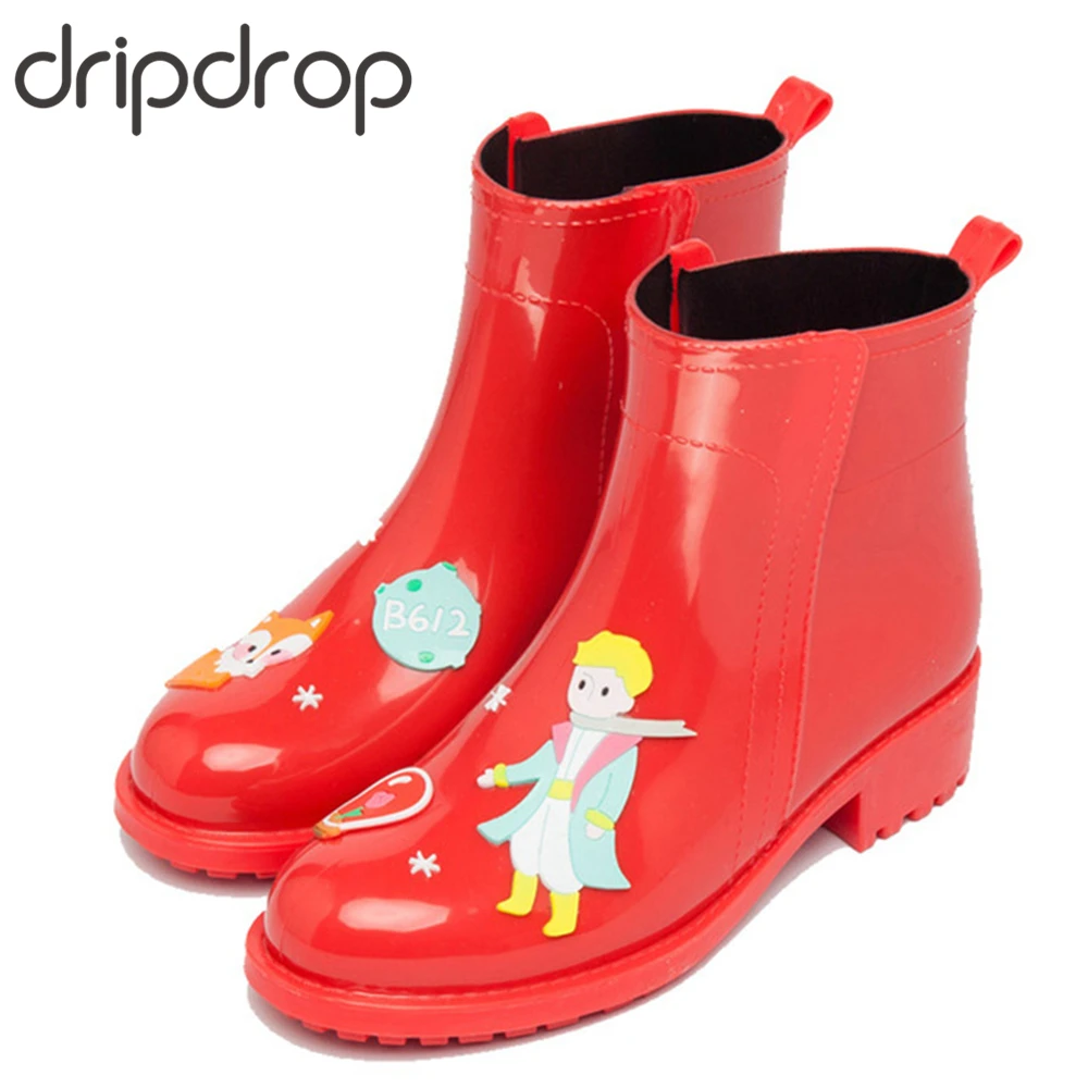 

DRIPDROP Women Rain Boots Winter Warm Waterproof Ankle Boots Water Shoes Appliques Handmade The Little Prince