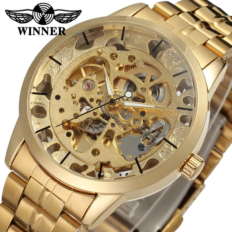 Fashion font b WINNER b font Men Luxury Brand Gold Skeleton Stainless Steel Watch Automatic Mechanical