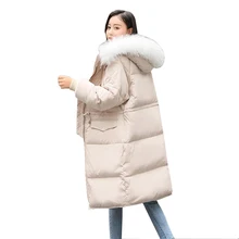 Женская зимняя парка на утином пуху 90%, большой меховой воротник из натурального меха енота, пуховик с капюшоном, длинное пальто, женское теплое Свободное пальто