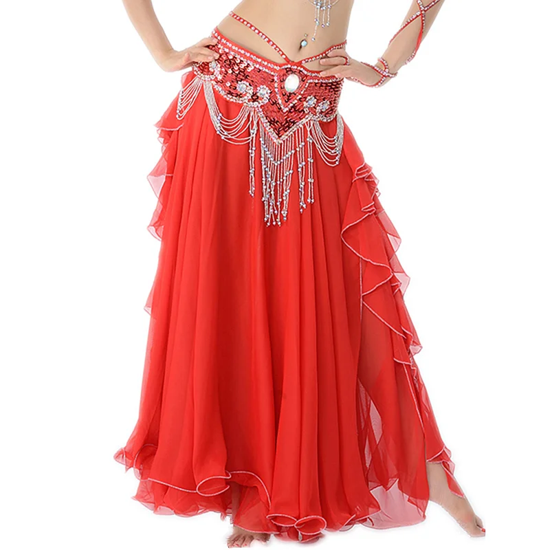 

11 Colors Women Belly Dance Clothing 3 Layers Full Circle Sheer Chiffon Long Skirts with Ruffles (Without Belt)