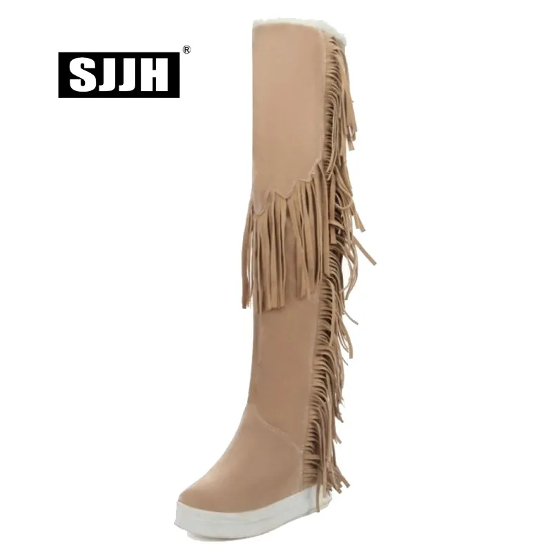 

SJJH Women Platform Over-the-Knee Boots with Round Toe Fringe Plush Long Riding Boots Fashion Casual Roman Shoes Large Size Q373