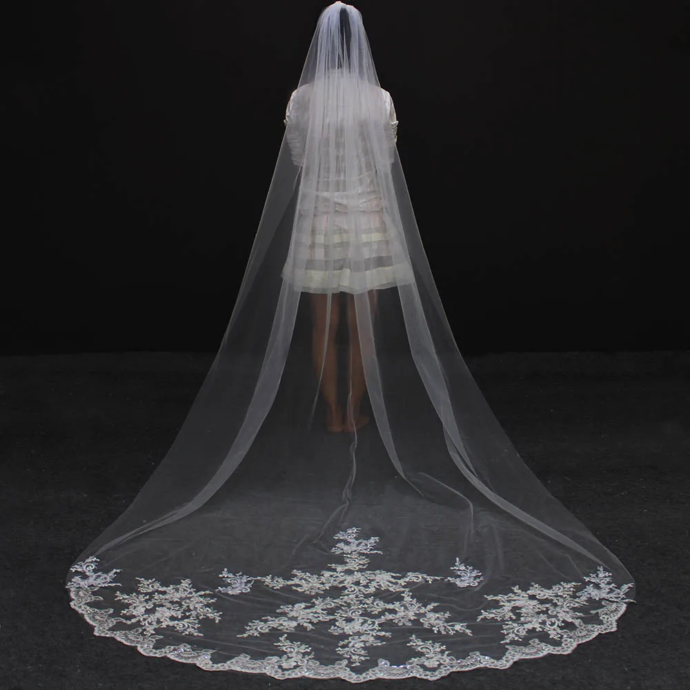 

Long 3 Meters Lace Appliques Bridal Veil with Comb White Ivory Tulle Veils for Wedding Welon Velo Bride Accessories