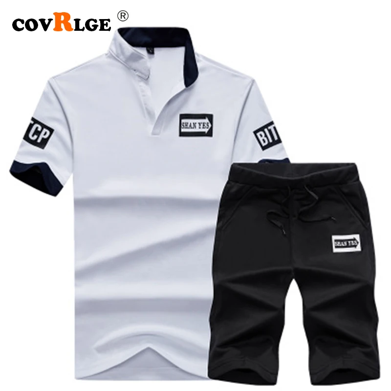 

Covrlge Men Sets 2019 Summer Men Fashion Two Pieces Sets Polo Shirts+Shorts Suit Men Tees Fashion High Quality Tshirt MSX003