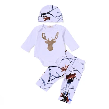 

2019 Baby Clothes Christmas Baby Boy Girl Deer White Long Sleeve Tops Romper + Pants Hat 3Pcs Clothes Baby Sets Printed Outfits