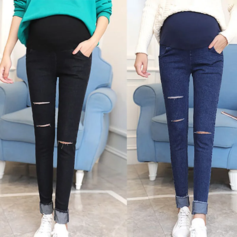

Pregnant Women Jeans Elastic Waist Holes Denim Nursing Prop Belly Maternity Pants Casual Trouser YH-17