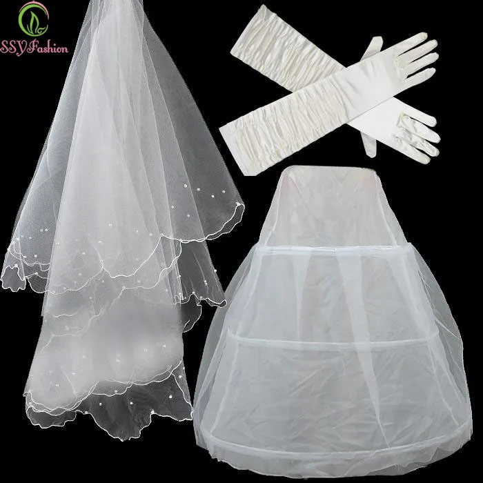 

On Sale SSYFashion Wedding Accessories Bride Married Pearl Veil Gloves Petticoats Sets 3 Combination