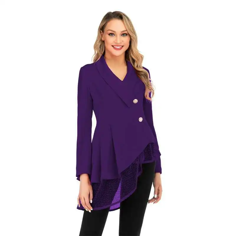 CINESSD Women Blazer Coats Black Notched Long Sleeves Office Lady Casual Button Mesh Swing Tops Solid 2019 Cotton Blazer Jacket