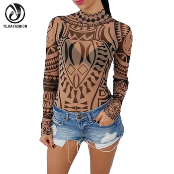 YEJIA FASHION Sexy Elegant Women Totem Printed Short Jumpsuits Romper Long Sleeve Slim Perspective Bodysuit Overalls Playsuit