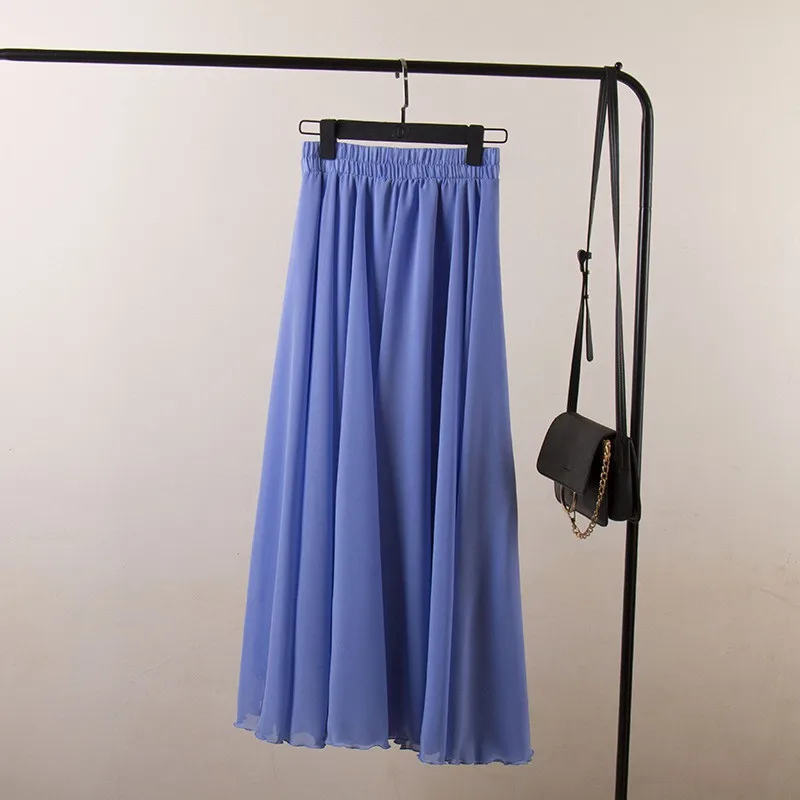 3 Layer Chiffon Long Skirts For Women Elegant Casual High Waist Boho Style Beach Maxi Skirts Saias 80/90/100cm 2021 Spring SK273
