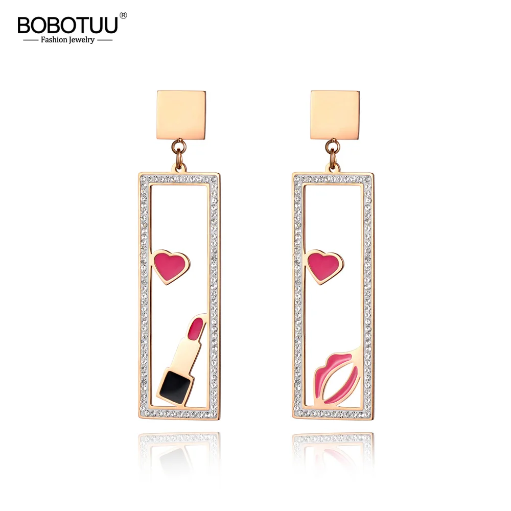 

BOBOTUU Makeups Elements Jewelry Pink Lips & Lipstick With Rhinestone Case Rose Gold Color Stainless Steel Earrings BE18452