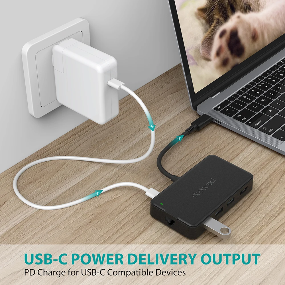 Dodocool 8-в-1 USB-C концентратор Тип-C Мощность доставки RJ-45 Gigabit Ethernet адаптер 4K HD Выход SD/TF карты 3 supurspeed USB 3,0 Порты и разъёмы