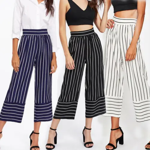 

Womens Ankle-Length Pants High Waist Striped Trousers Loose Wide Leg Culotte Pants Palazzo Female Lady Casual Summer CLothing