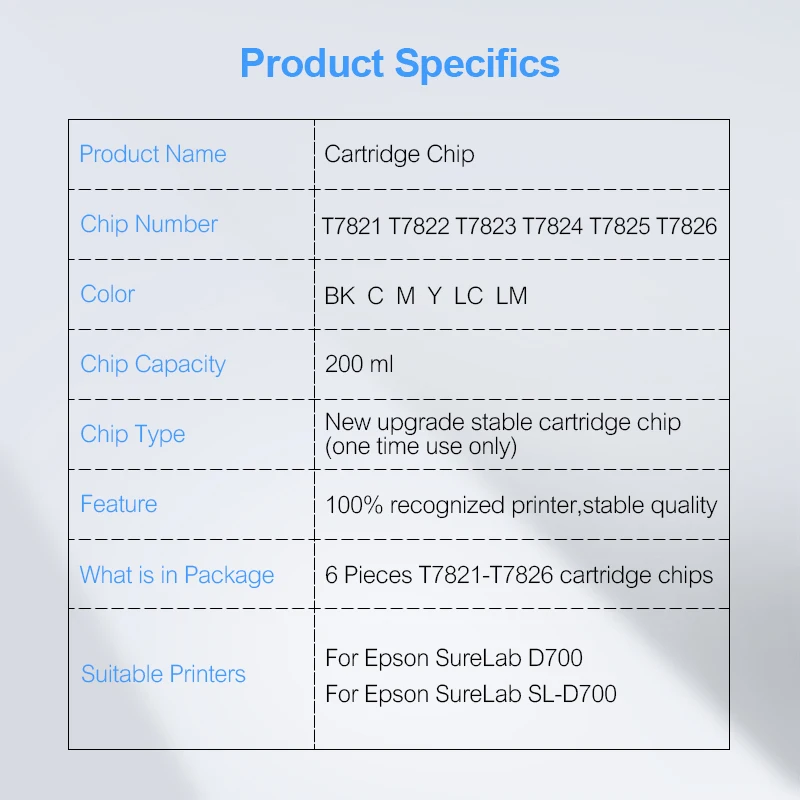 6 цветов/Набор Новое обновление T7821-T7826 чернильный картридж чип для Epson SureLab D700 SL-D700 принтер T7821 картридж стабильные чипы