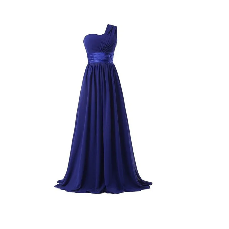 QNZL02# длинное шифоновое платье подружки невесты на одно плечо с молнией на спине, голубое и красное, зеленое, для свадебной вечеринки, выпускного вечера,, для дам, на заказ - Цвет: Синий