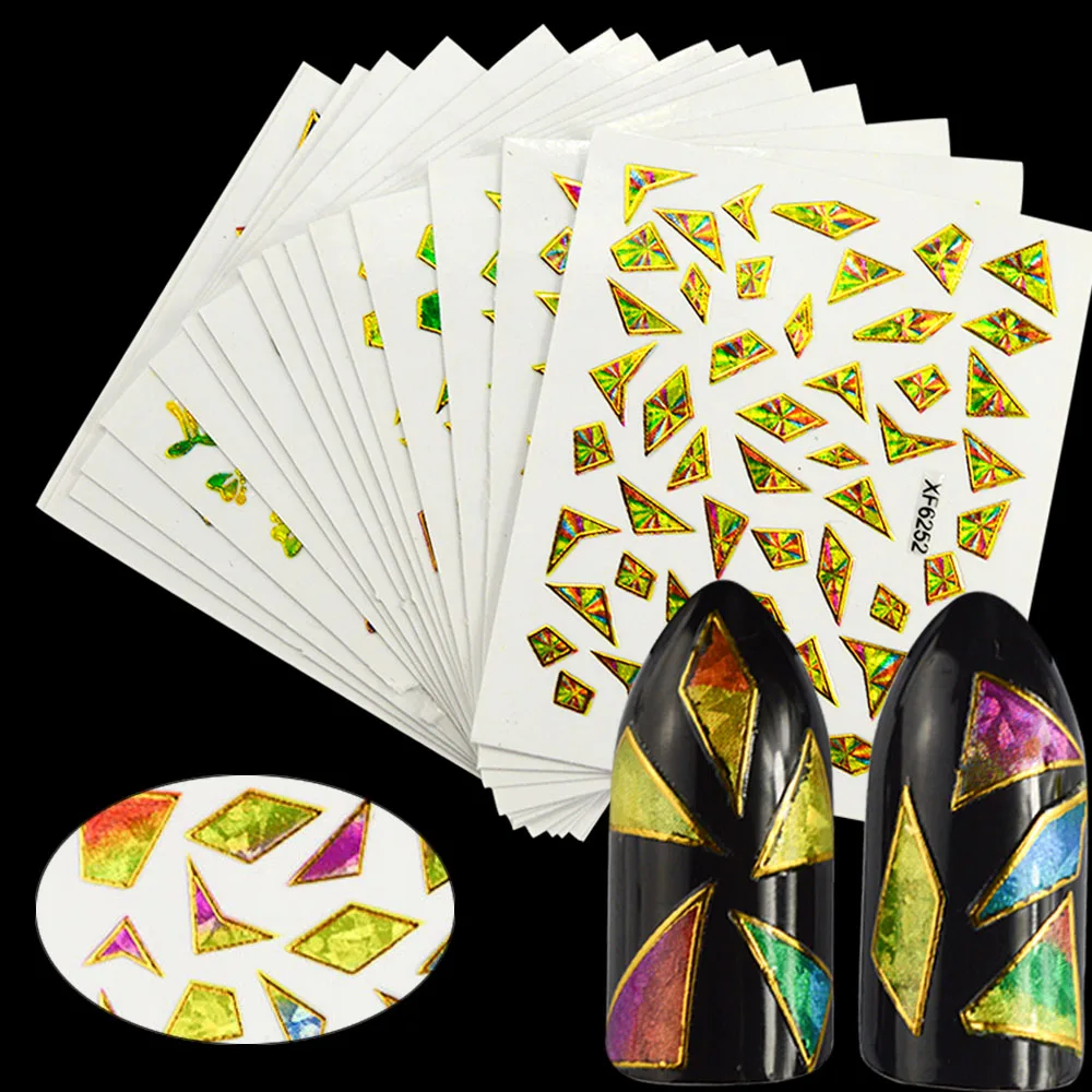 24 листа/наборы лазерных наклеек с разбитым стеклом для дизайна ногтей 3D Красочные несимметричные клейкие наклейки для ногтей Фольга трафареты CHXF6232-6254