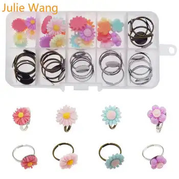 

Julie Wang 48PCS/Box Adjustable Rings Base Antique Bronze Silver Setting Resin Flowers Cabochons Jewelry Making Accessory Set
