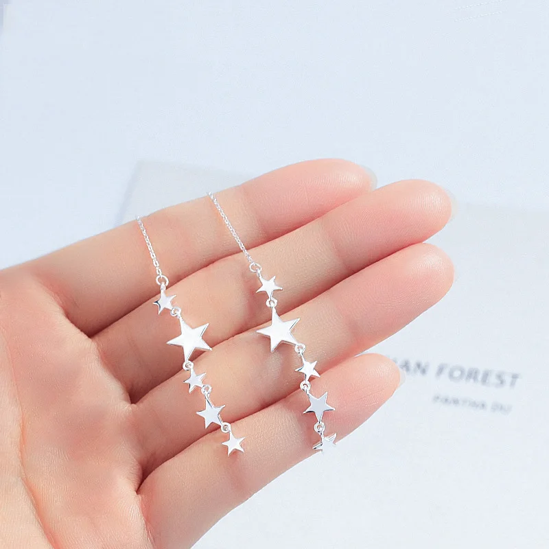 

925 Sterling Silver Tassel Drop Dangle Earrings For Women Star Long Dangler Ear Line Chain Minimalist Fashion Pentagram Jewelry