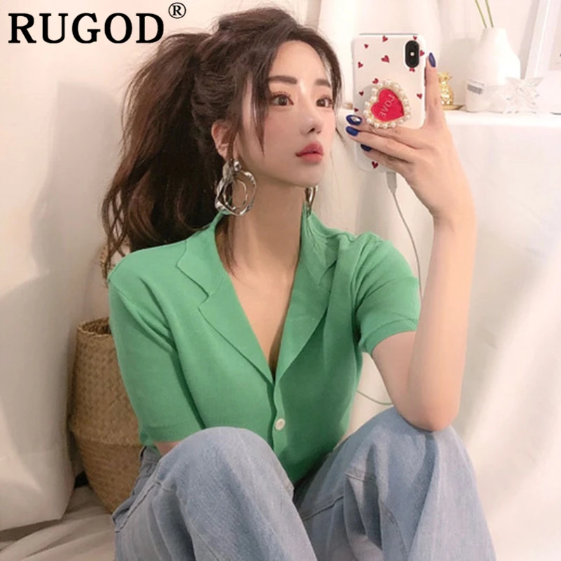 RUGOD летняя Офисная женская зеленая блузка модная с коротким рукавом Вязанная
