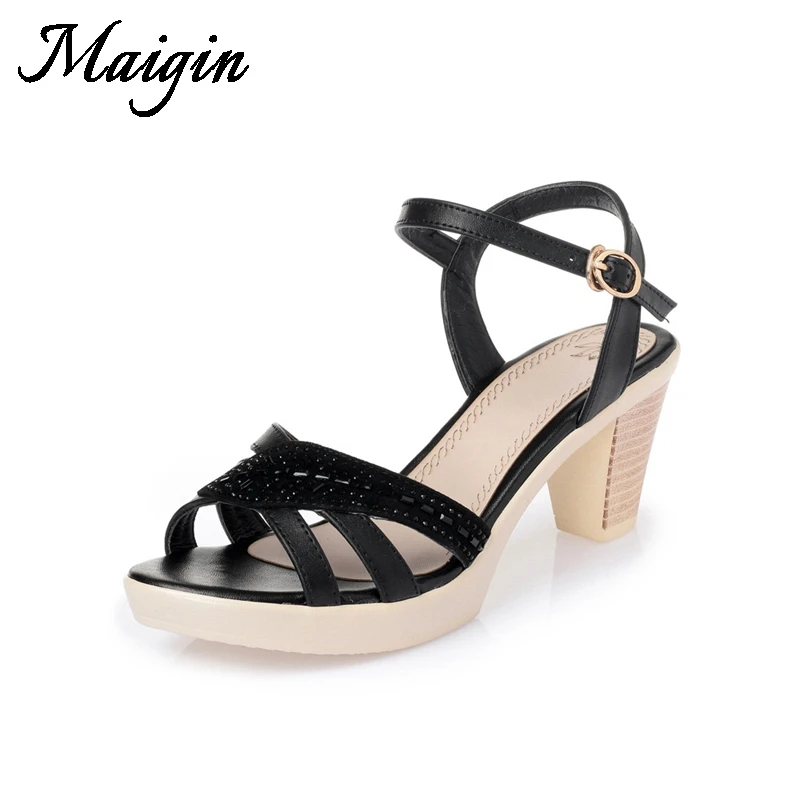 Maigin 2018 Genuien Leather Women Sandals High Heels Summer Shoes Buckle Strap Ladies Sandals High Quality Peep Toe Women Shoes
