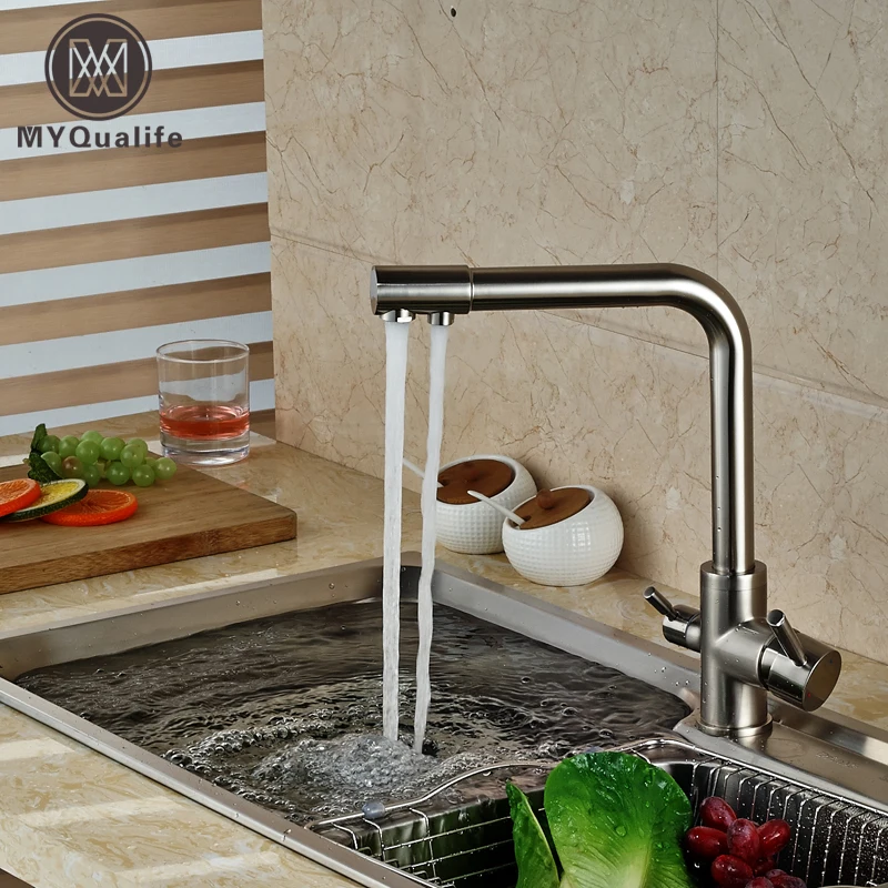 brand new kitchen sink faucet pure water filter drink mixer tap dual handles two spout brushed - Kitchen Sink Brands brand new kitchen sink faucet pure water filter drink mixer tap dual handles two spout brushed - Kitchen Sink Brands