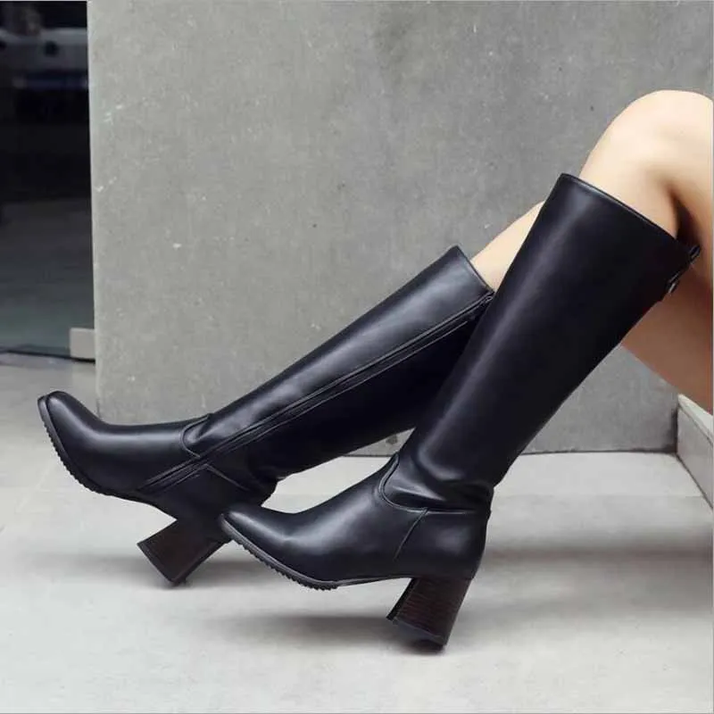 

Large Size 43 Lace Up Knee High Boots Women Autumn Soft Leather Fashion White Square Heel Woman Shoes Winter Hot Sale