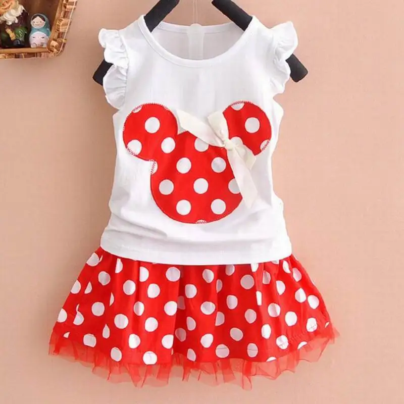 Online Hot Jual Bayi Perempuan Indah Busur T Shirt + Dot Rok Setelan Set Gaun Outfit