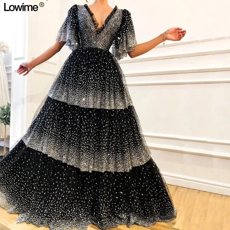 Tiered Black Silver Sequined Dubai Formal Evening Party Dresses Long V-Neck Short Sleeves Prom Reflective Dresses Vestidos