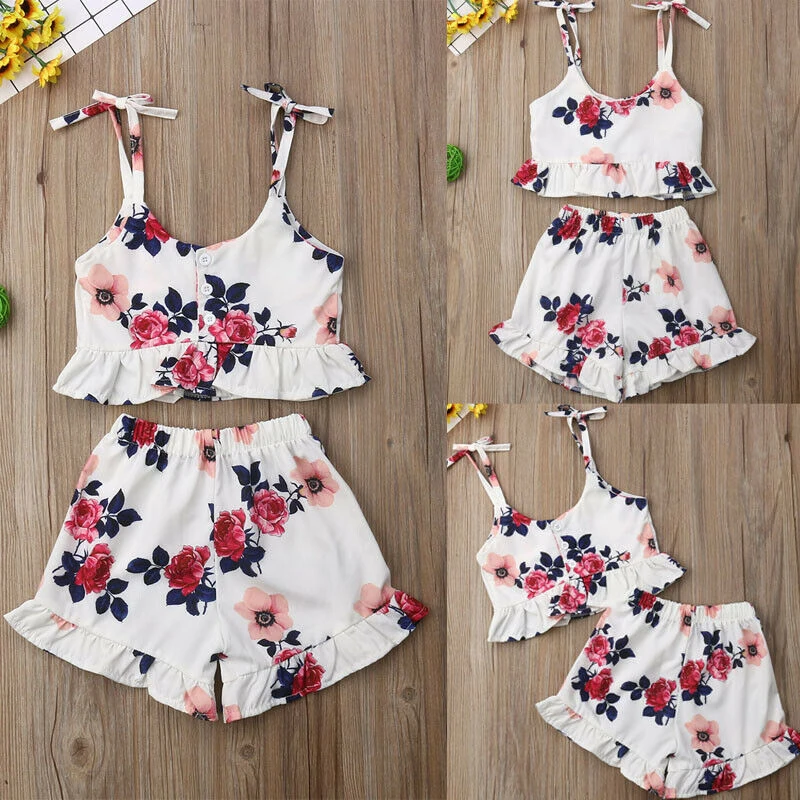 

2pcs Baby Girl Clothes Floral Ruffle Sling Tops Shorts Newborn Clothes Summer Toddler Kid Infant Clothing Outfits Set 2019 New