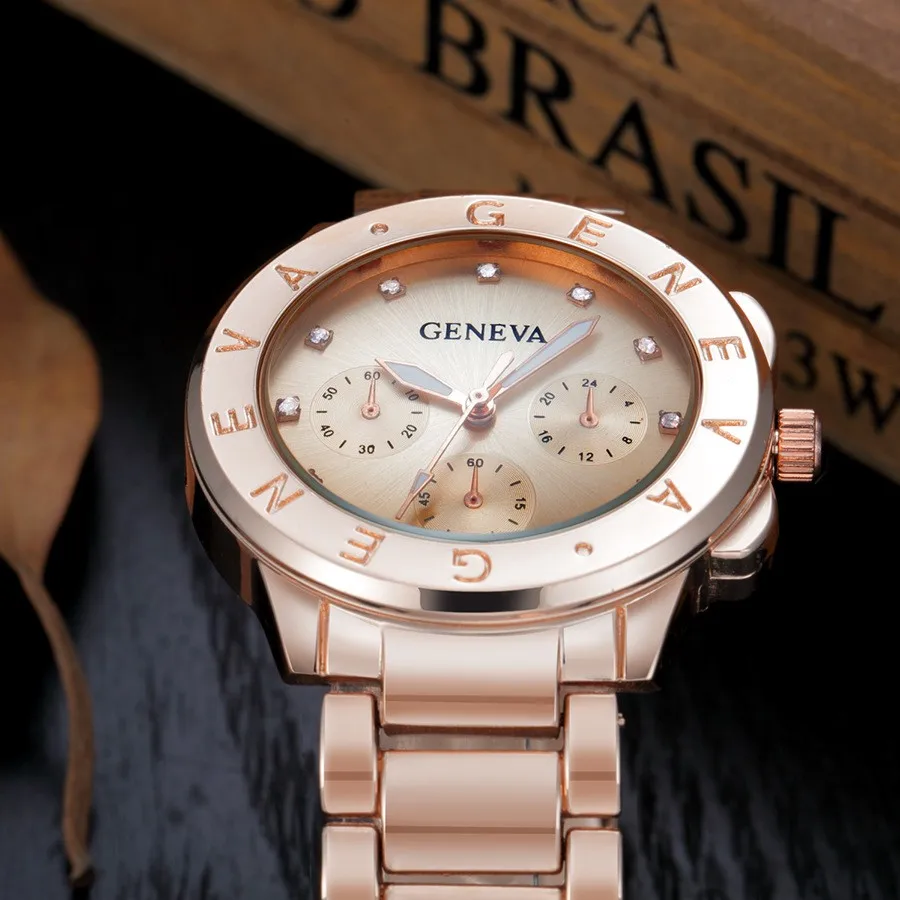 Новые брендовые Женевские часы женские роскошные брендовые кварцевые часы женские золотые часы из нержавеющей стали модные повседневные часы женские часы