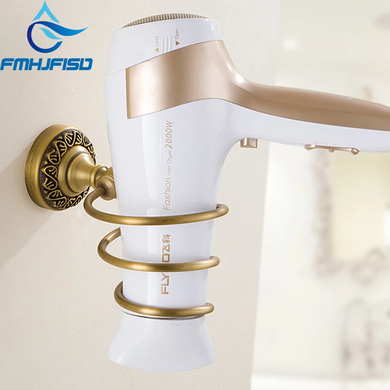 

FMHJFISD Wall Mounted Brass Antique Hair Dryer Holder Bathroom Non-smearing Wall Suction Hair Dryer Shelf