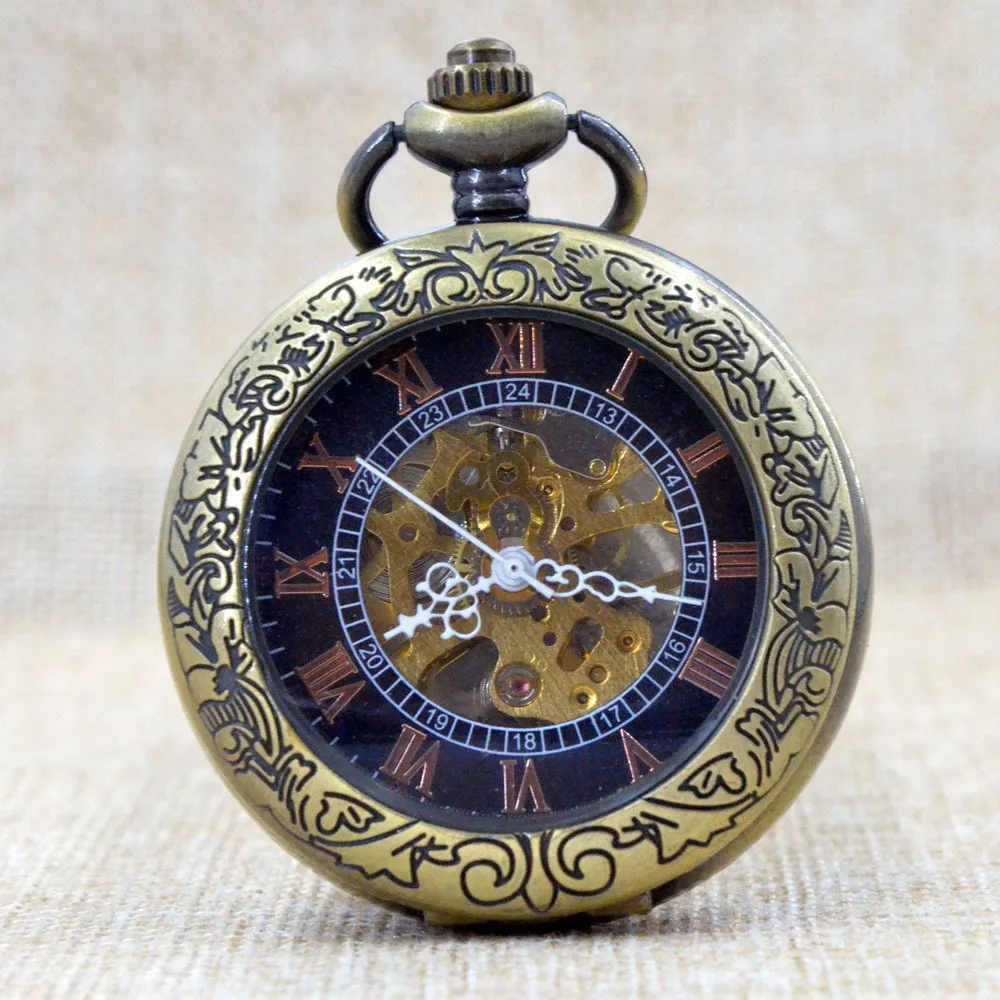 Унисекс Бронзовый узор раскладушка ручной Ветер Механические карманные часы Скелет шестерни часы подарок