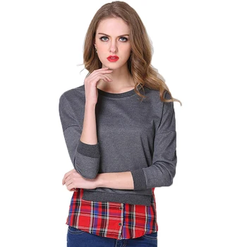 

2018 Autumn Plaid Patchwork Sweatshirts Long Sleeve Round Collar Tracksuit Casual Outerwear Tops Loose Pullovers