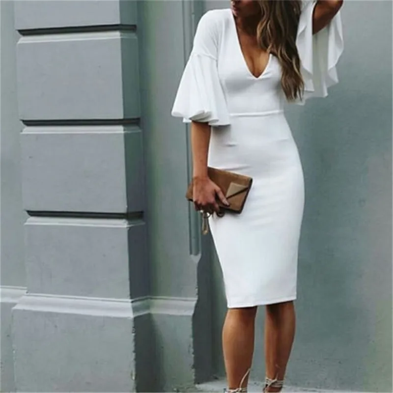 

Fashion Women Summer Boho Half Flare Sleeve Deep V-Neck Solid Evening Party Beach Knee Length Sheath Sundress Dresses Casual New