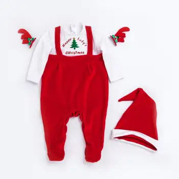 

2pcs Christmas Outfits Set Infant Baby Girl Boy Long Sleeve Deer Romper Jumpsuit Pajamas Xmas Outfit Christmas Hat Holiday Gift