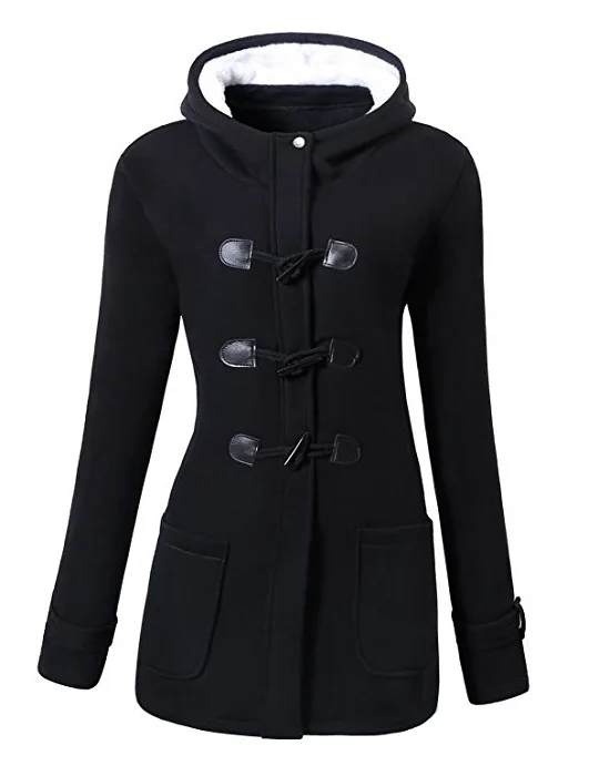 HOT 2019 Europe design women's hooded wool thick blended classic horn buckle Package buttocks coat jacket cotton-padded clothes