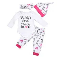 Baby Clothing 4Pcs Newborn Baby Girls Cotton Long Sleeve Romper+Arrow Pants+ Hat Outfits Set Clothes