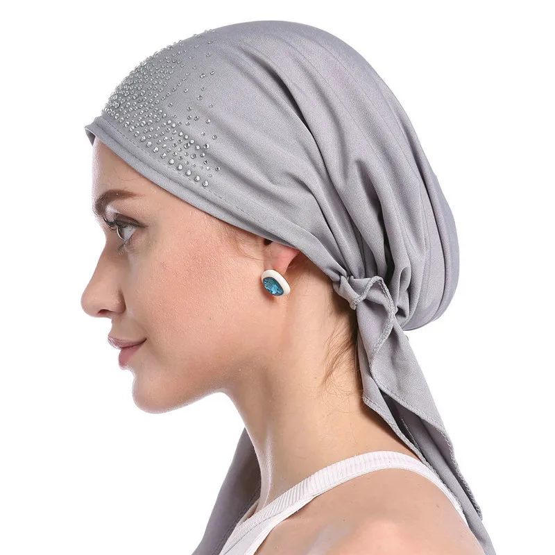 Fashion Women Headscarf Hat Thin Summer Muslim Inner Caps Solid Diamond Turban Bonnet Hijab India Head Wrap Hats For Ladies