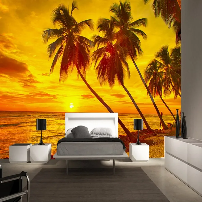 

Dropship Colomac Gold Wallpaper Early Morning Maldives Seaside Coconut Tree Landscape Wallpaper Bedroom Mural 3d Walpaper 3d