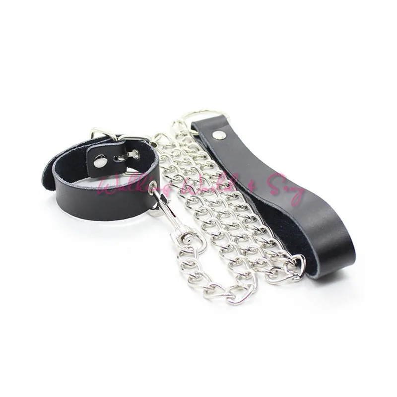 Genuine Leather Cock Ring With Chain Lash Set Fetish Male Chastity Belt Device Leather Penis Ring Delayed Sex Toys For Men (4)
