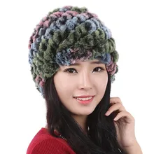Winter Skullies Beanies Hat/ Women Genuine Knitted Natural rainbow colorful Rex Rabbit Fur Hats Russian Hat