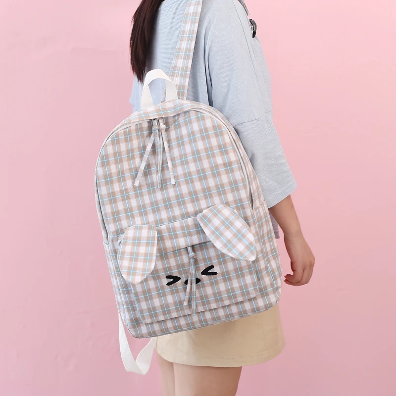 

Korean Cute Cartoon Canvas Bag Japan Kawaii Rabbit Ear Plaid Students Women Travel Rucksack Girls School Laptop Striped Backpack