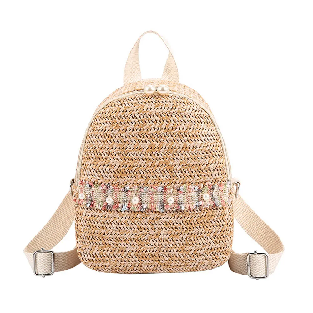 

Women Fashion Straw Knitting Rattan Pearl Zipper Backpack Girls Elegant Wicker Weave Portable Travel Summer Beach Bag New