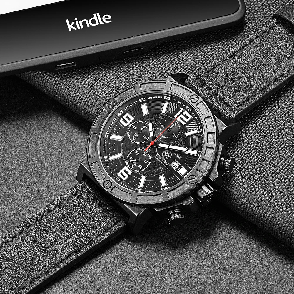 STARKING Men's Sport Wrist Watch Genuine Leather Watch Band Chronograph Russian Military Watches 30M Water Resistant Army Watch (8)